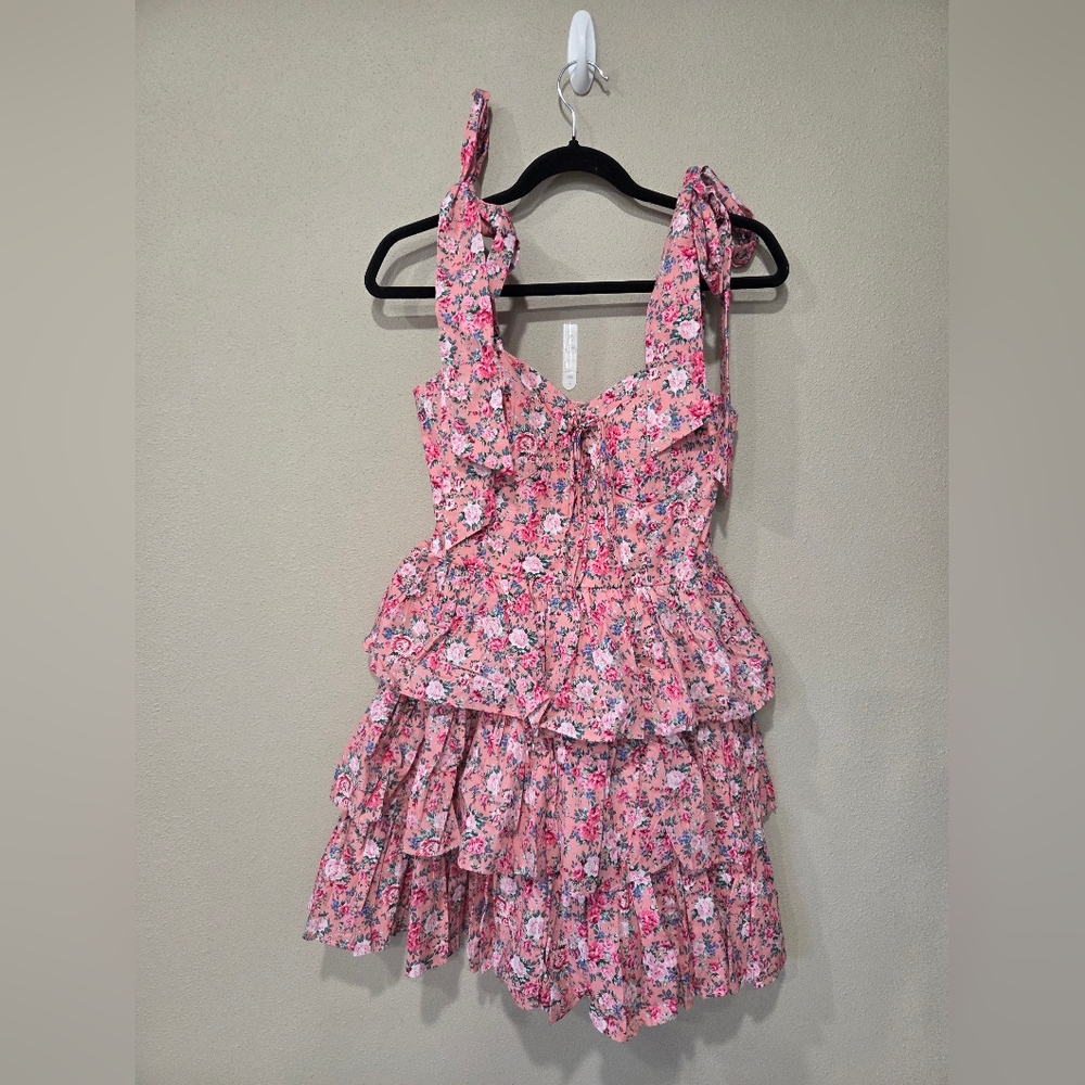 Mable Bow Tied Shoulder Corset Tiered Mini Dress Beautiful Floral Pattern - Picture 3 of 9